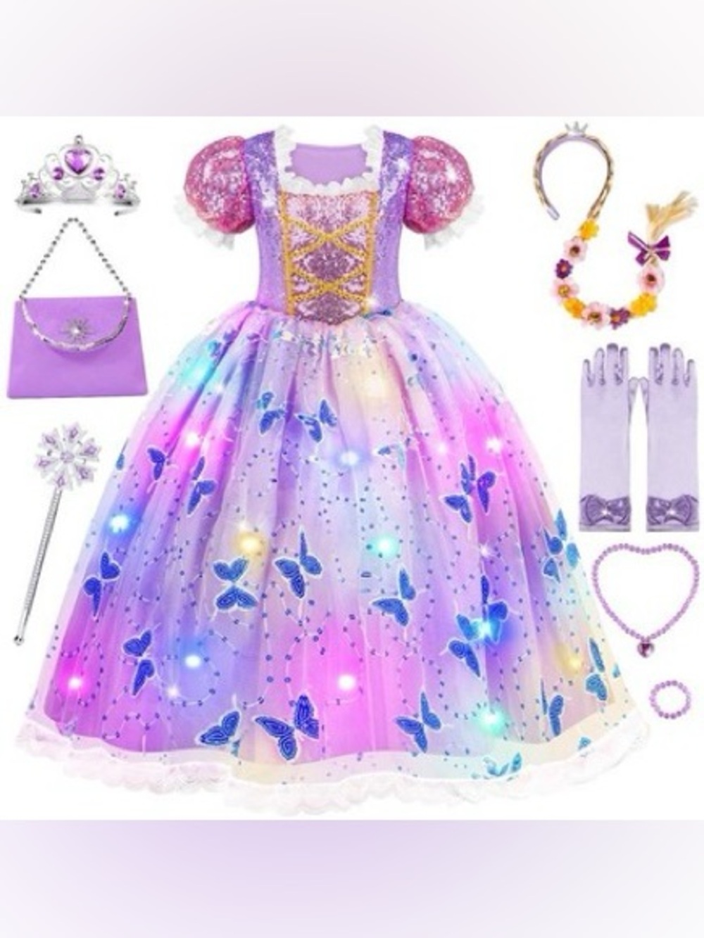 Kids Sparkling Purple Butterfly Princess Dress Costume with Accessories Sz 6-8yr